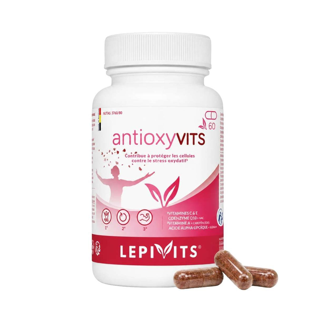 Vue de face du flacon Antioxyvits Lepivits 60 gélules sur fond blanc, avec trois capsules posées devant.