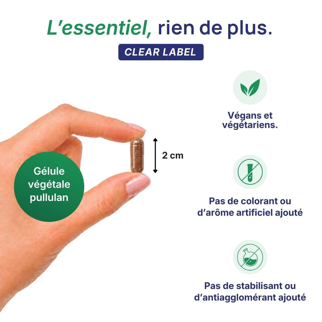 Main tenant une gélule végétale Antioxyvits Lepivits en pullulan de 2 cm, formule clear label sans colorant ni additif, végétariens.