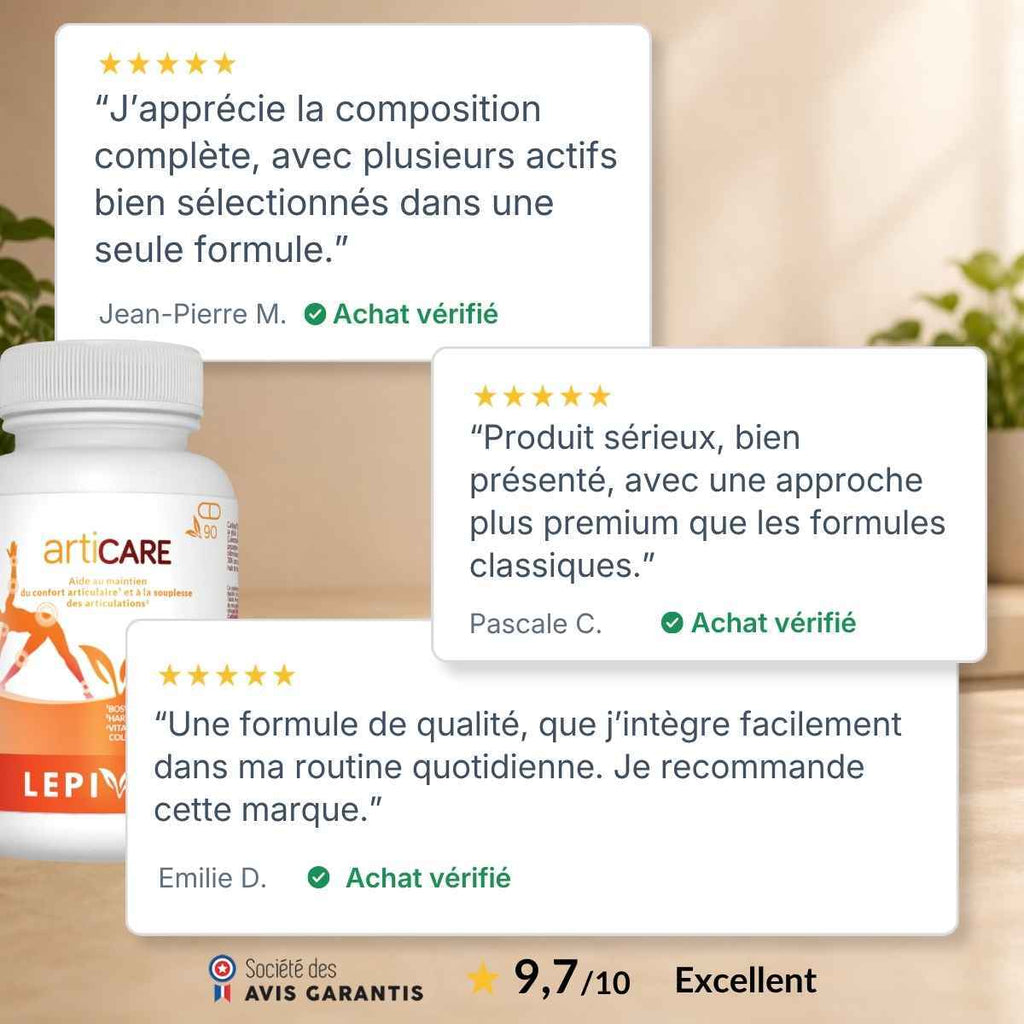 Flacon Articare Lepivits entouré d'avis clients vérifiés 5 étoiles, note globale 9,7/10 .