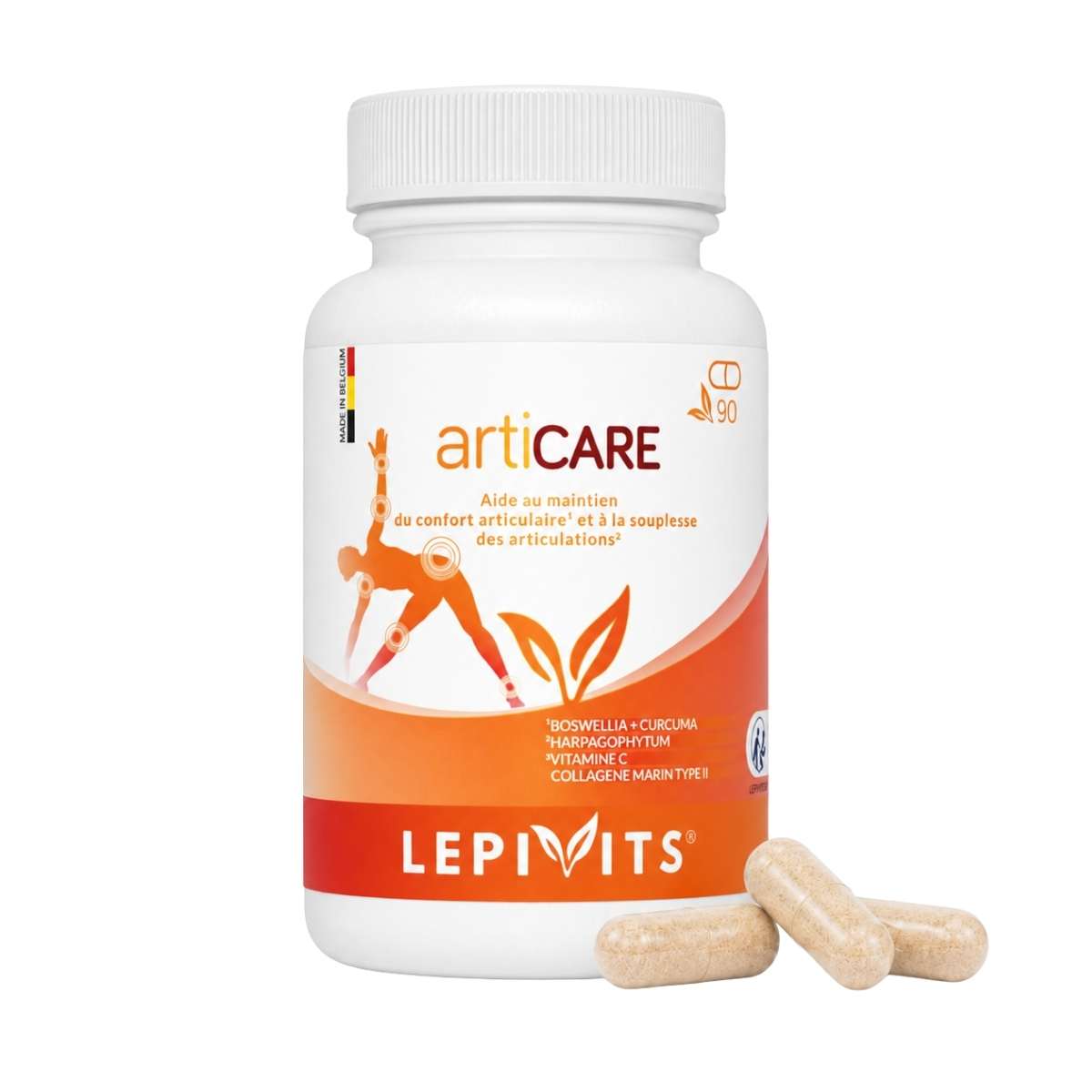 Vue de face du flacon Articare Lepivits 90 gélules sur fond blanc, avec trois capsules posées devant.