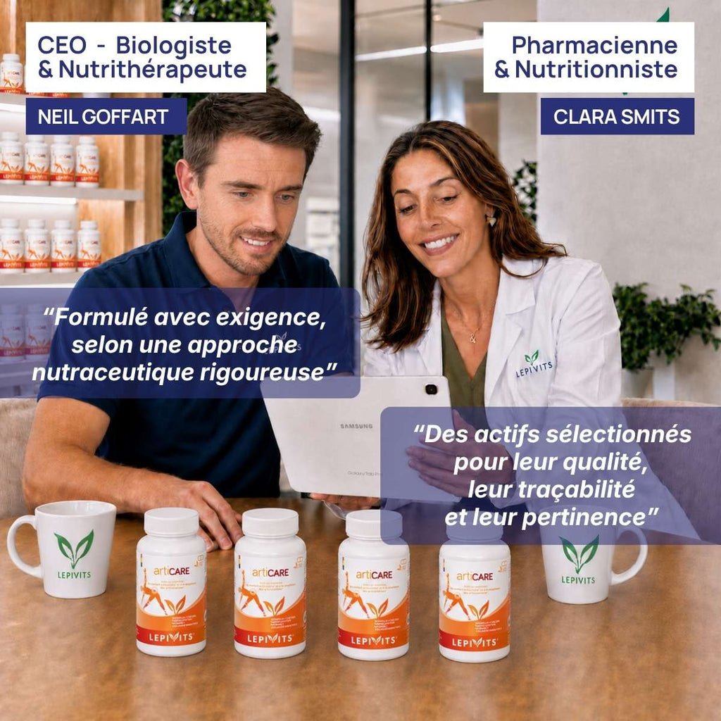 Biologiste et pharmacienne nutritionniste examinent plusieurs flacons de Articare Lepivits, formule validée en laboratoire.