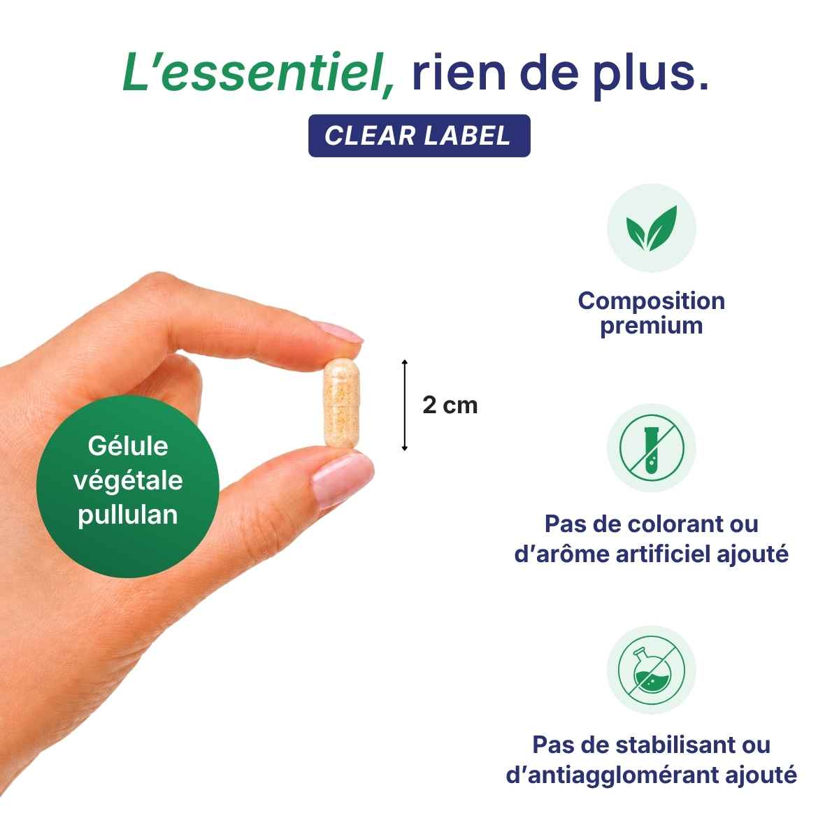 Main tenant une gélule végétale Articare Lepivits en pullulan de 2 cm, formule clear label sans colorant ni additif.