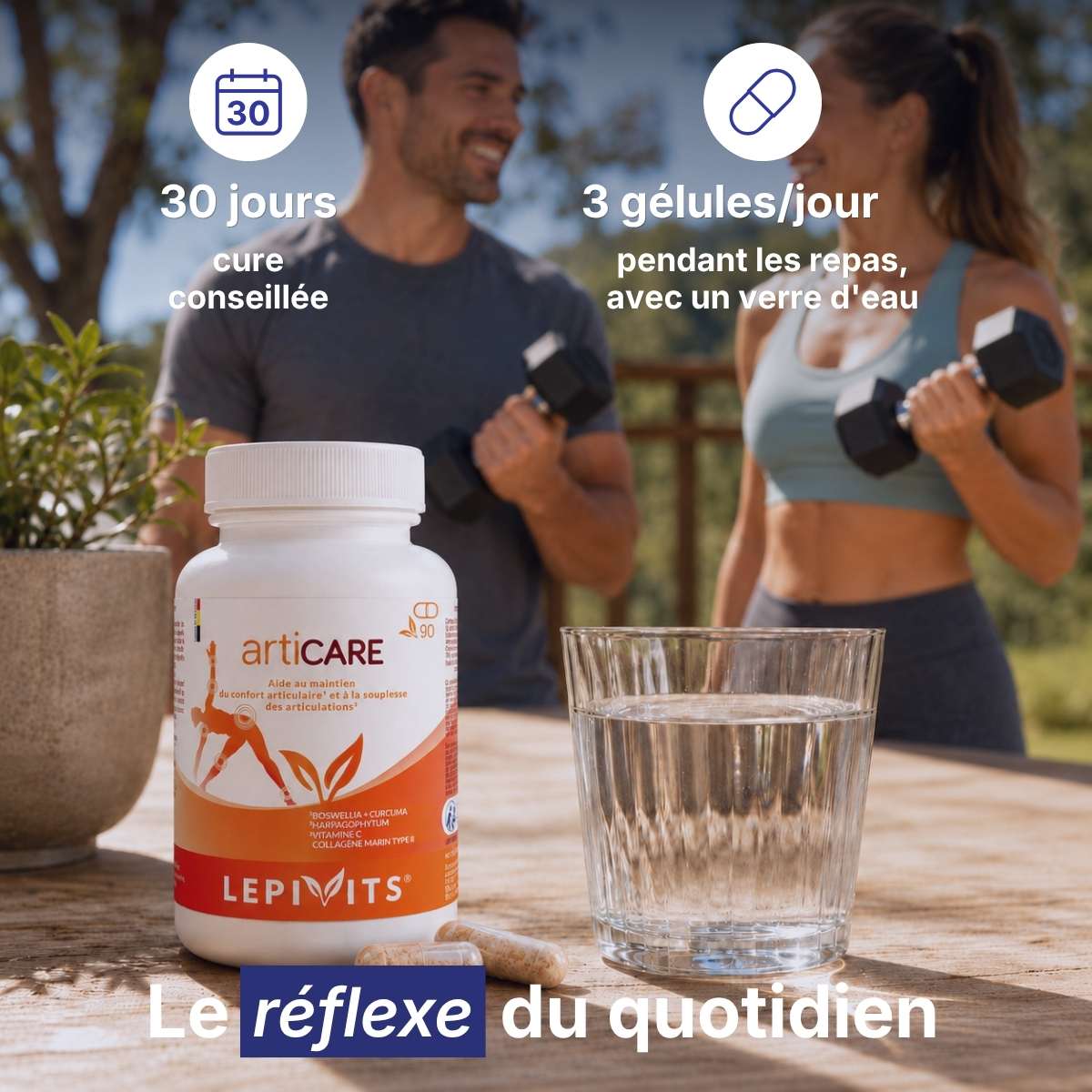 Flacon Articare Lepivits sur table avec verre d'eau, posologie 3 gélules par jour pour une cure de 30 jours. 