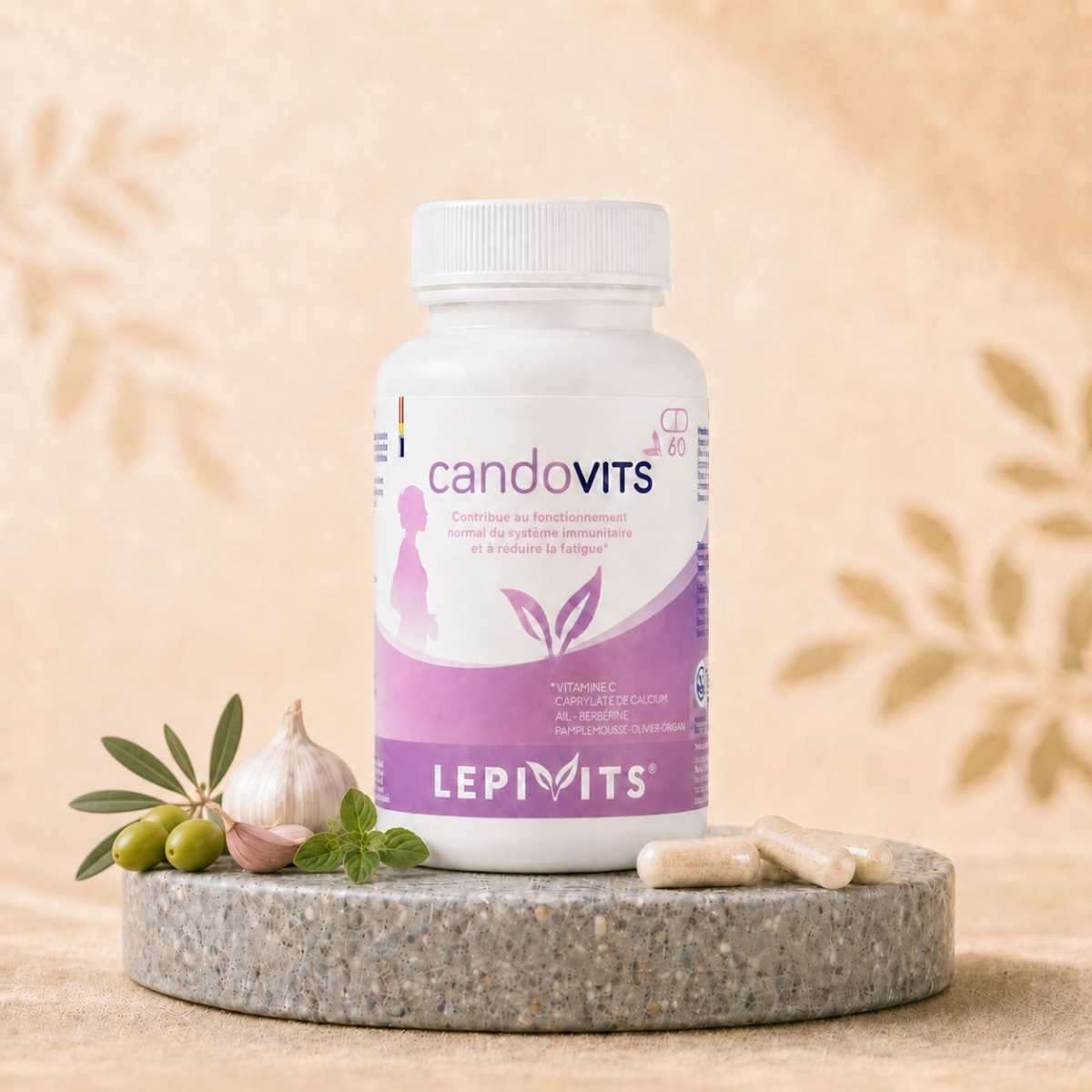 Flacon de Candovits Lepivits, complément dMicrobiomex®, propolis & extraits titrés avec gélules végétales pullulan.