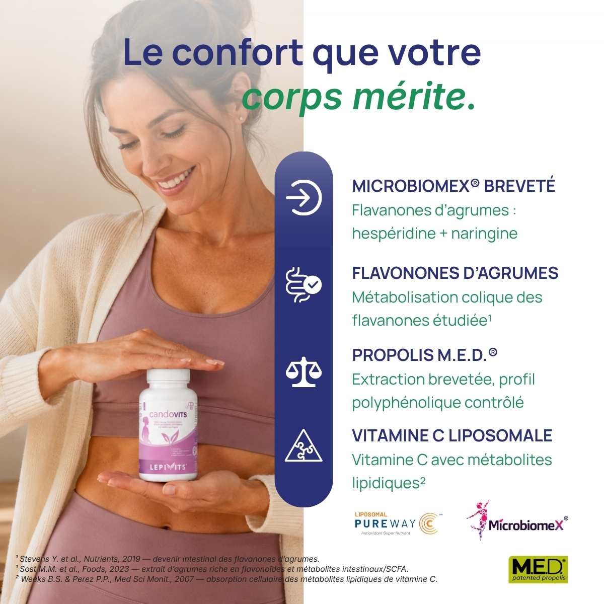 Femme tenant le flacon candovits Lepivits contre son ventre