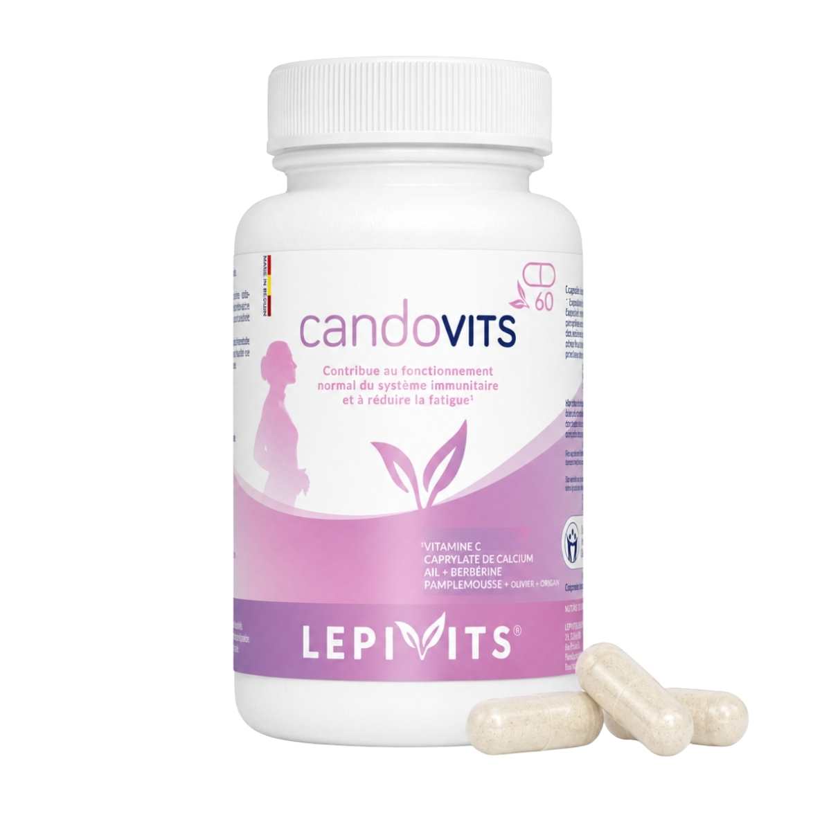 Vue de face du flacon candovits Lepivits 60 gélules sur fond blanc, avec trois capsules posées devant.