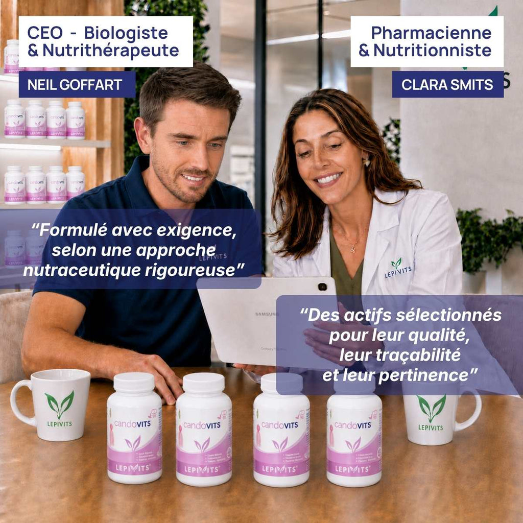 Biologiste et pharmacienne nutritionniste examinent plusieurs flacons de candovits Lepivits, formule validée en laboratoire.