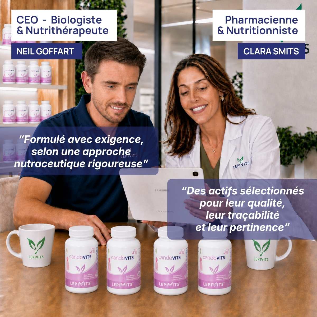 Biologiste et pharmacienne nutritionniste examinent plusieurs flacons de candovits Lepivits, formule validée en laboratoire.