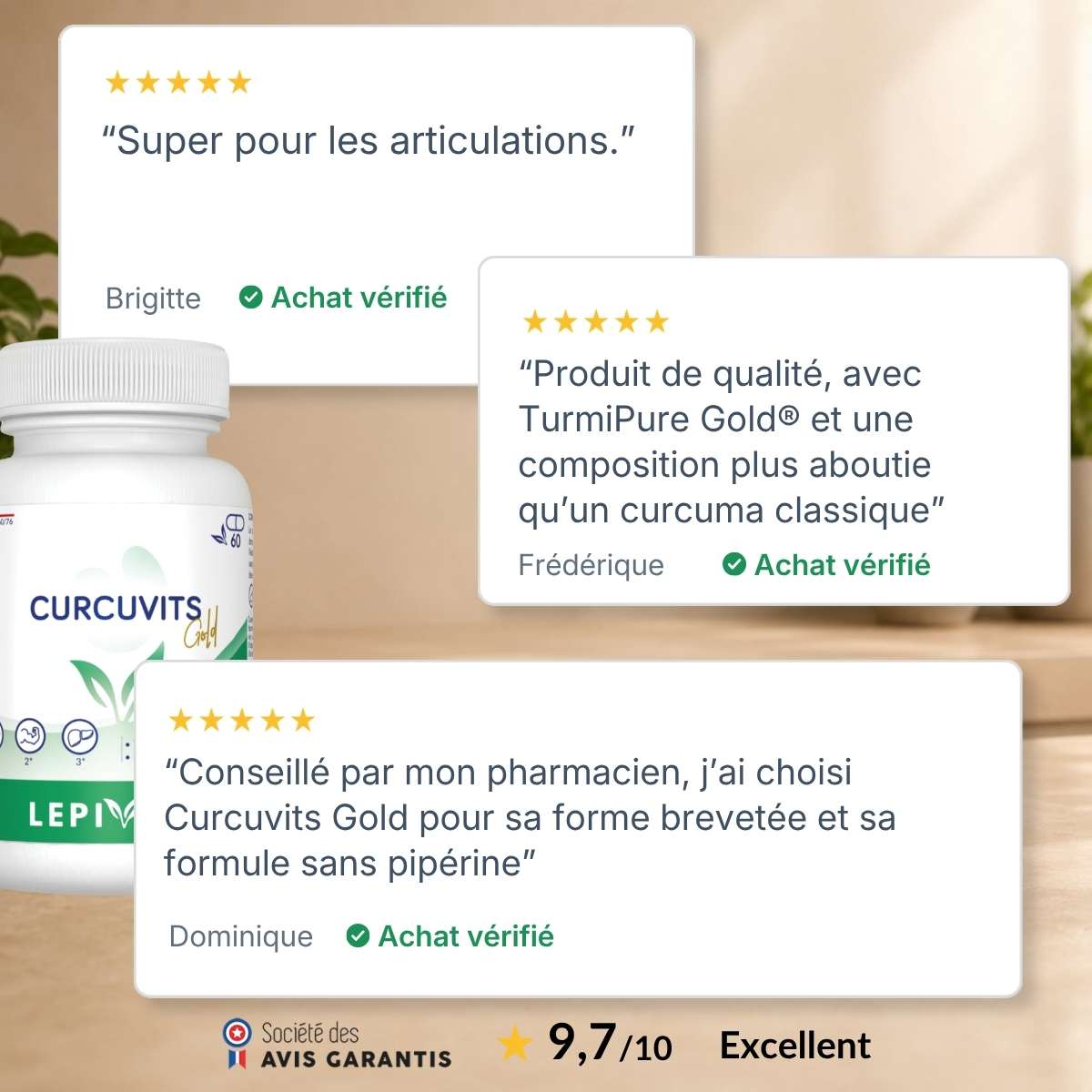 Flacon Curcuvits Gold Lepivits entouré d'avis clients vérifiés 5 étoiles, note globale 9,7/10 sur la qualité du curcuma.