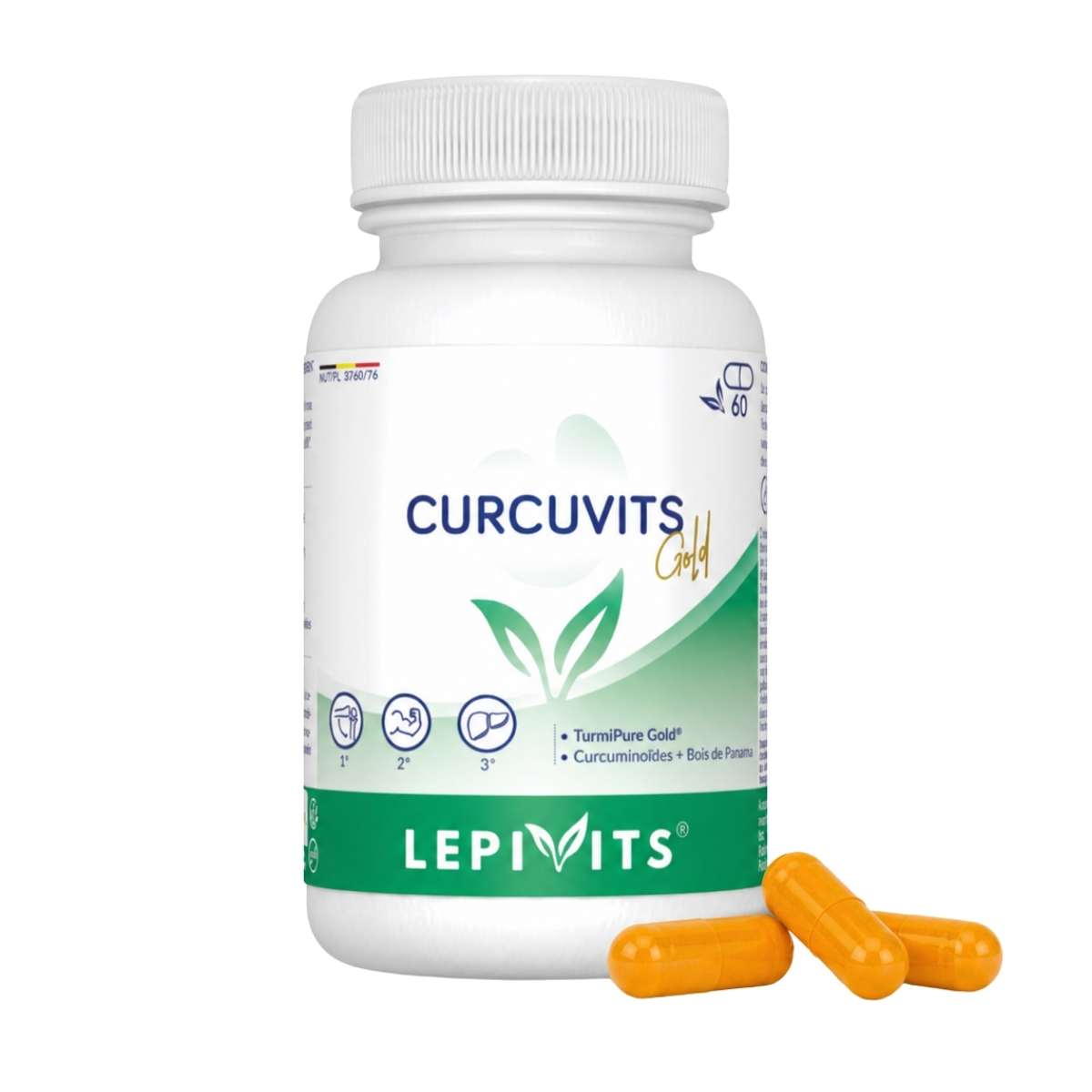 Vue de face du flacon Curcuvits Gold Lepivits 60 gélules sur fond blanc, avec trois capsules de curcuma posées devant.