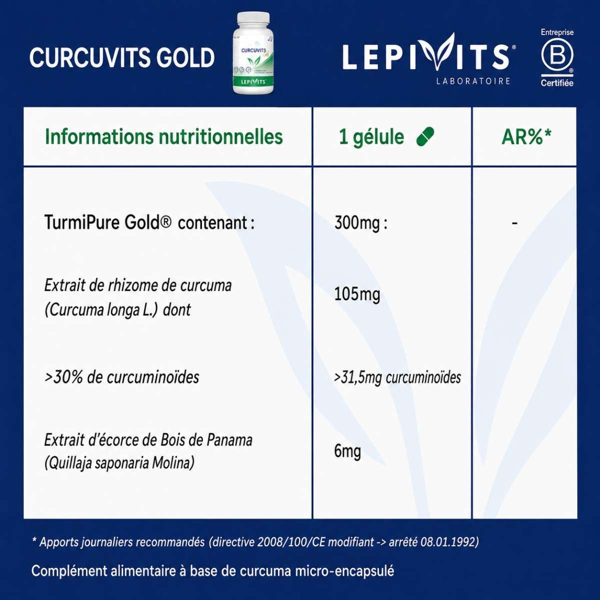 Tableau des informations nutritionnelles Curcuvits Gold Lepivits : 300mg TurmiPure Gold par gélule.
