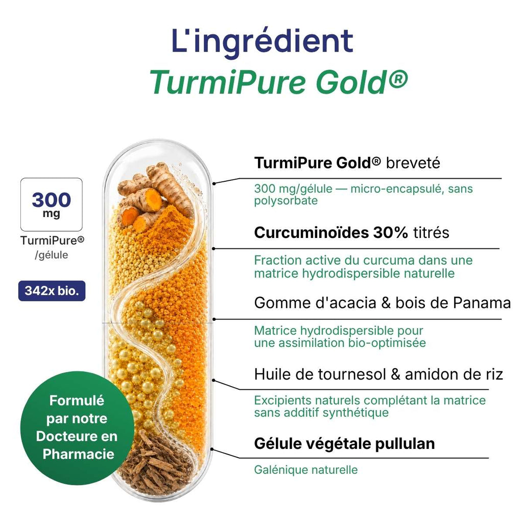 Schéma de la gélule Curcuvits Gold détaillant la composition (TurmiPure Gold, curcuminoïdes)