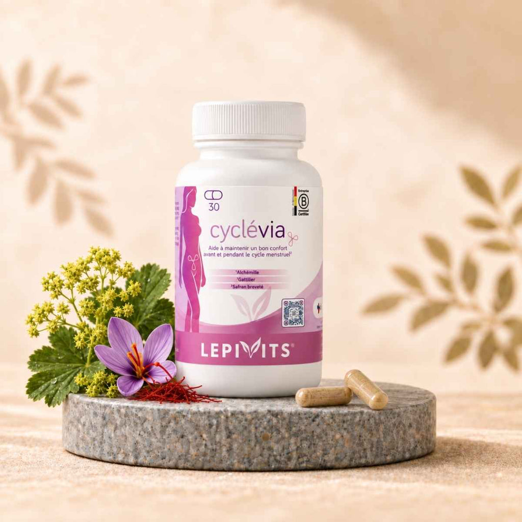 Flacon de Cyclévia Lepivits, complément   pour accompagner le bien-être féminin au cours du cycle et soutenir l’équilibre émotionnel
