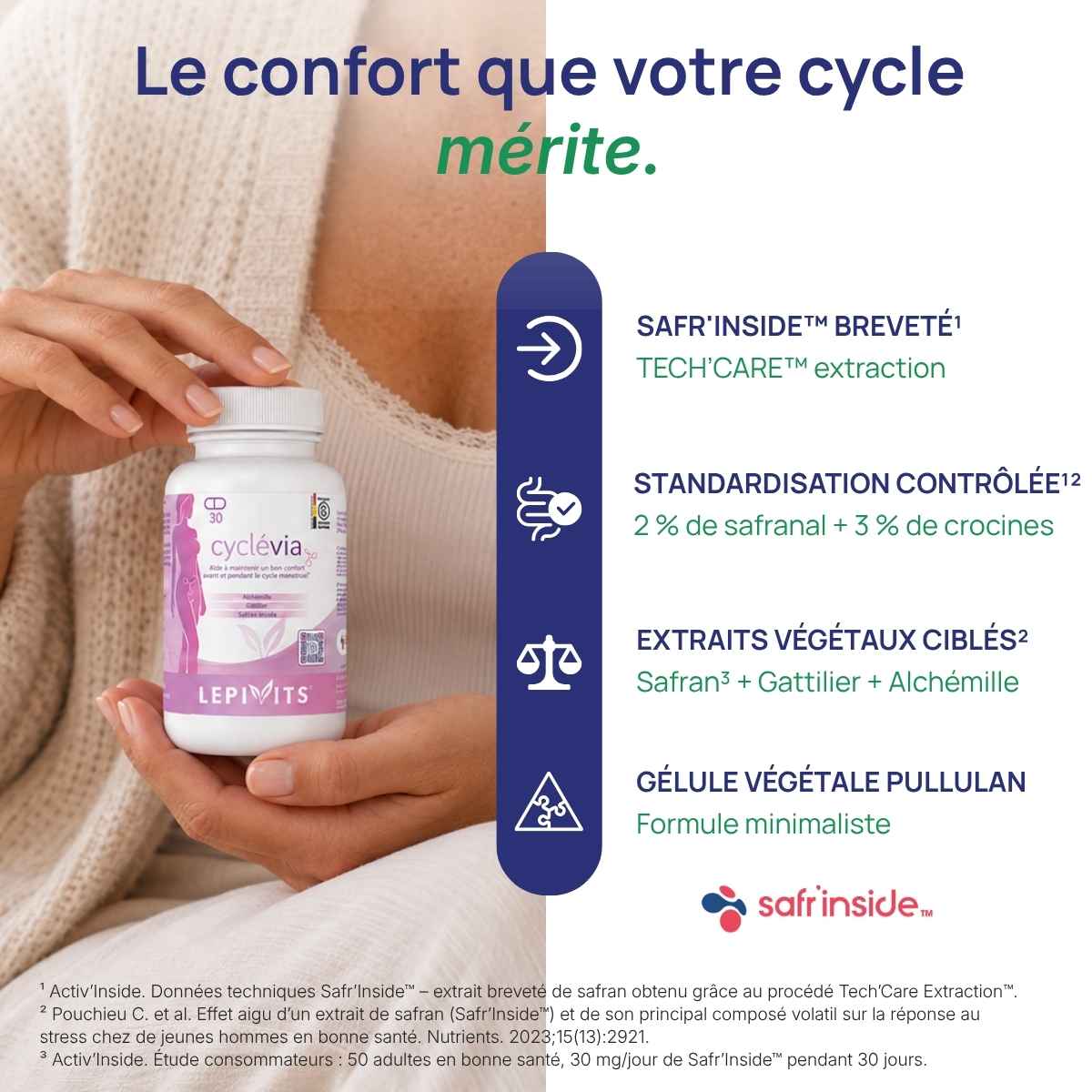 Femme tenant le flacon Cyclévia Lepivits contre elle.