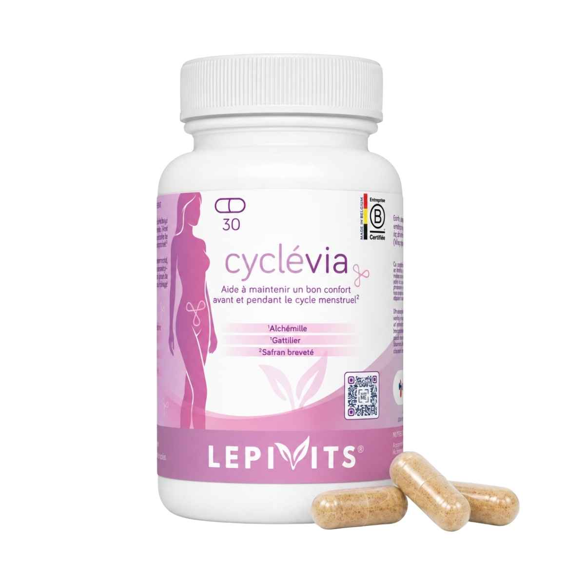 Vue de face du flacon Cyclévia Lepivits 30 gélules sur fond blanc, avec trois capsules posées devant.