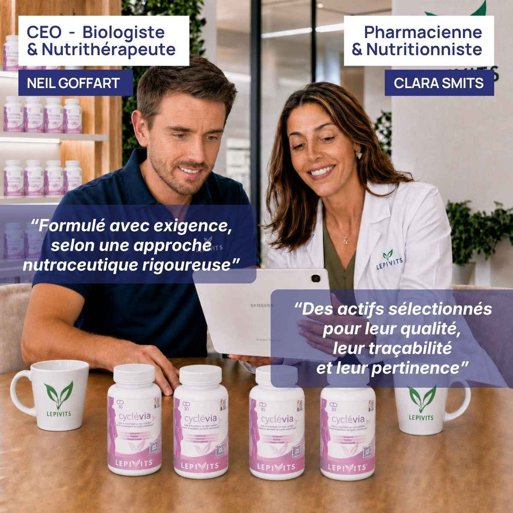 Biologiste et pharmacienne nutritionniste examinent plusieurs flacons de cyclévia Lepivits, formule validée en laboratoire.