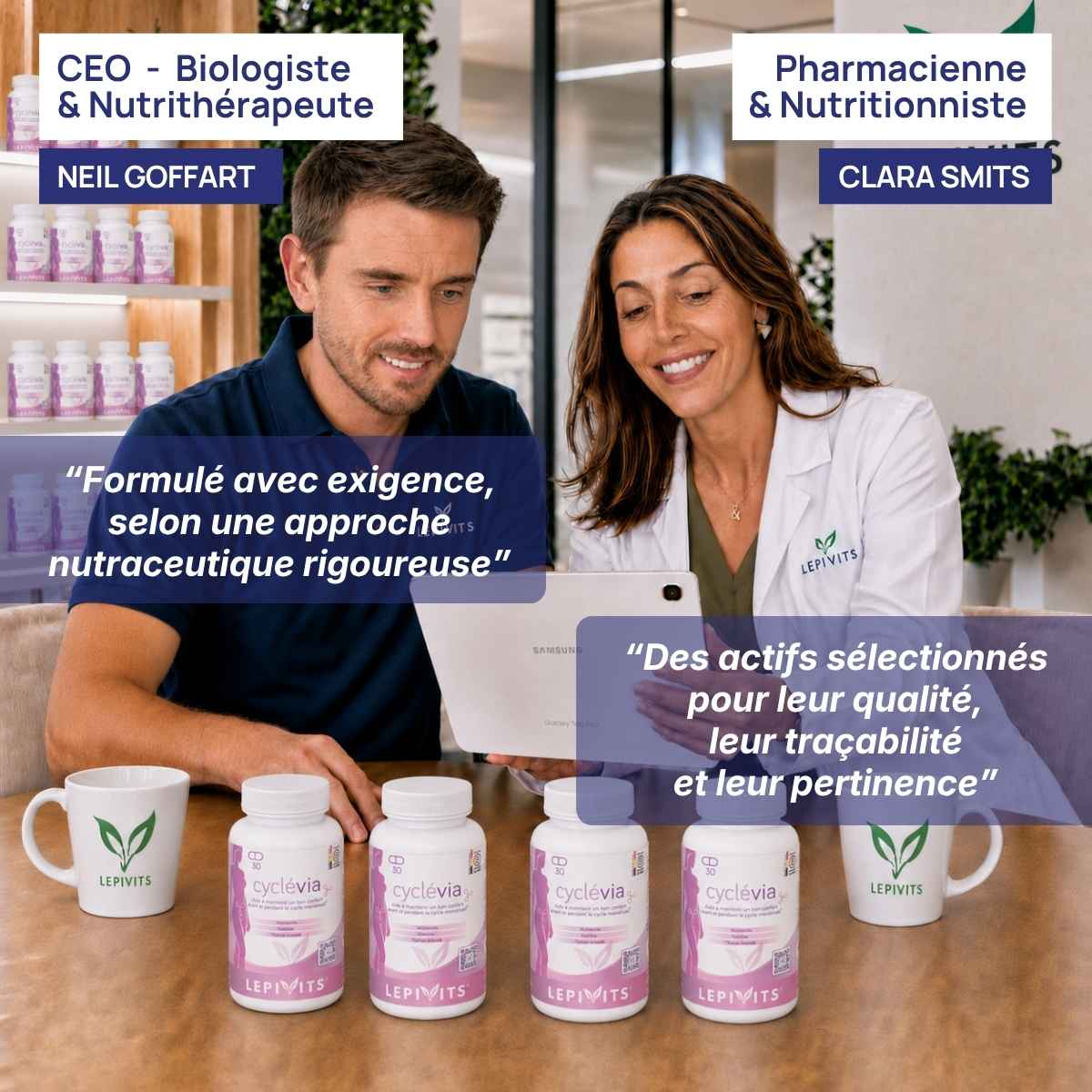 Biologiste et pharmacienne nutritionniste examinent plusieurs flacons de cyclévia Lepivits, formule validée en laboratoire.