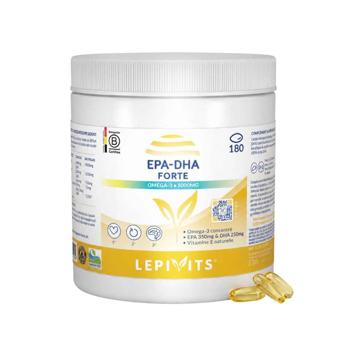 Vue de face du flacon EPA-DHA Forte Lepivits 180 capsules sur fond blanc, avec trois capsules huileuses posées devant.
