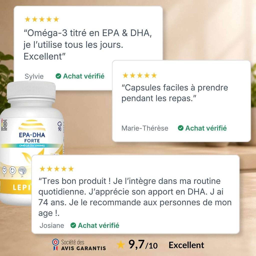 Flacon EPA-DHA Forte Lepivits entouré d'avis clients vérifiés 5 étoiles, note globale 9,7/10 sur la qualité de l'oméga-3.