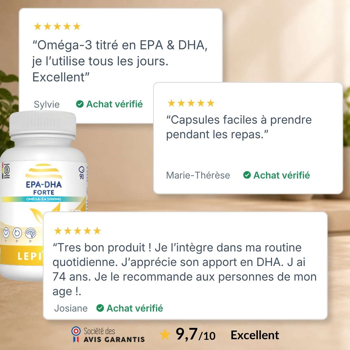 Flacon EPA-DHA Forte Lepivits entouré d'avis clients vérifiés 5 étoiles, note globale 9,7/10 sur la qualité de l'oméga-3.