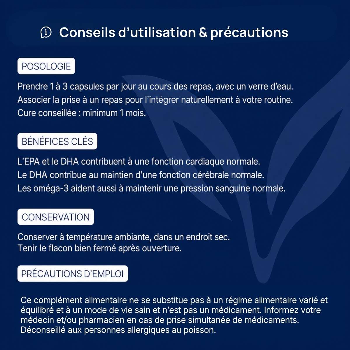 Conseils d'utilisation et précautions EPA-DHA Forte Lepivits : posologie, précaution, conservation et mises en garde.