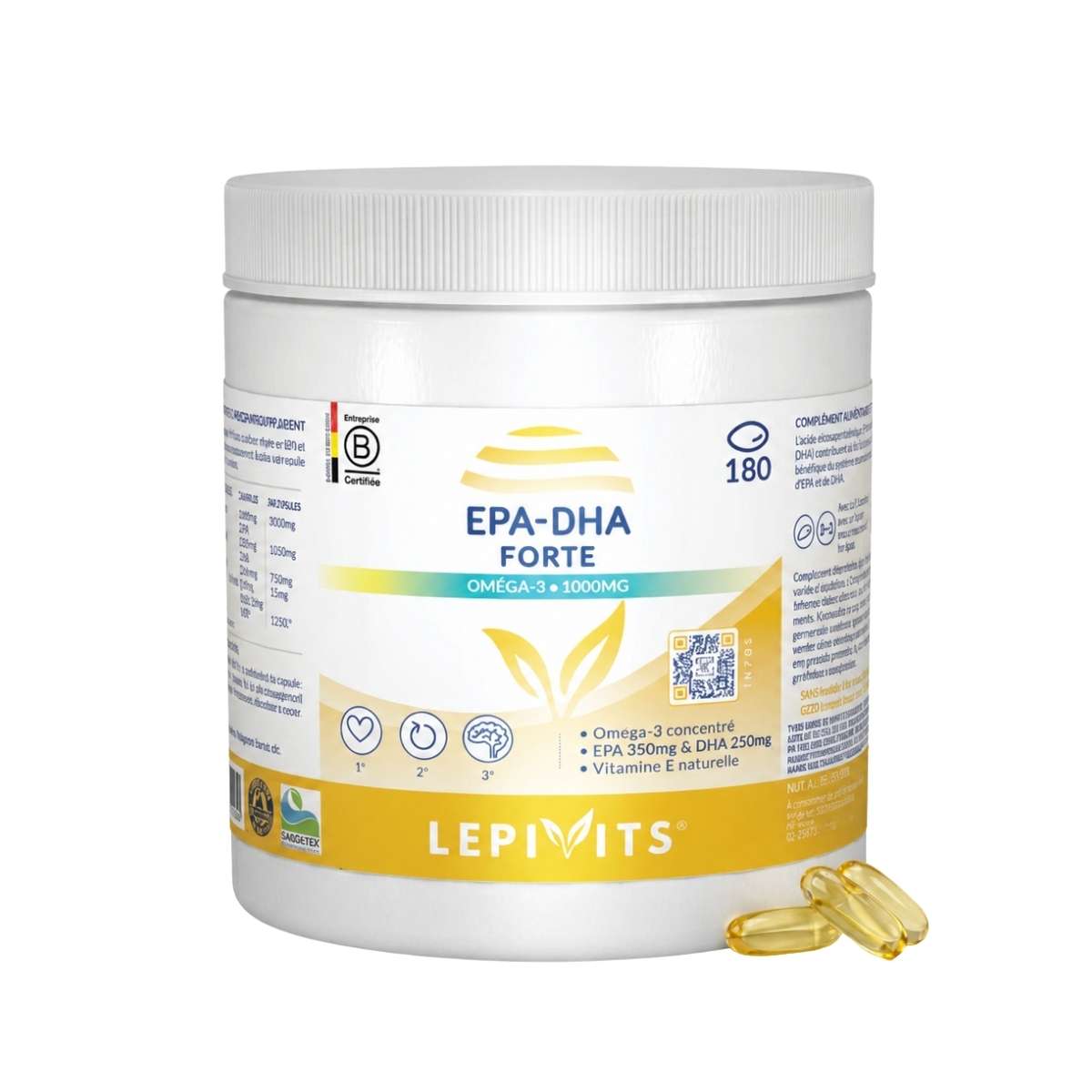 Vue de face du flacon EPA-DHA Forte Lepivits 180 capsules sur fond blanc, avec trois capsules huileuses posées devant.