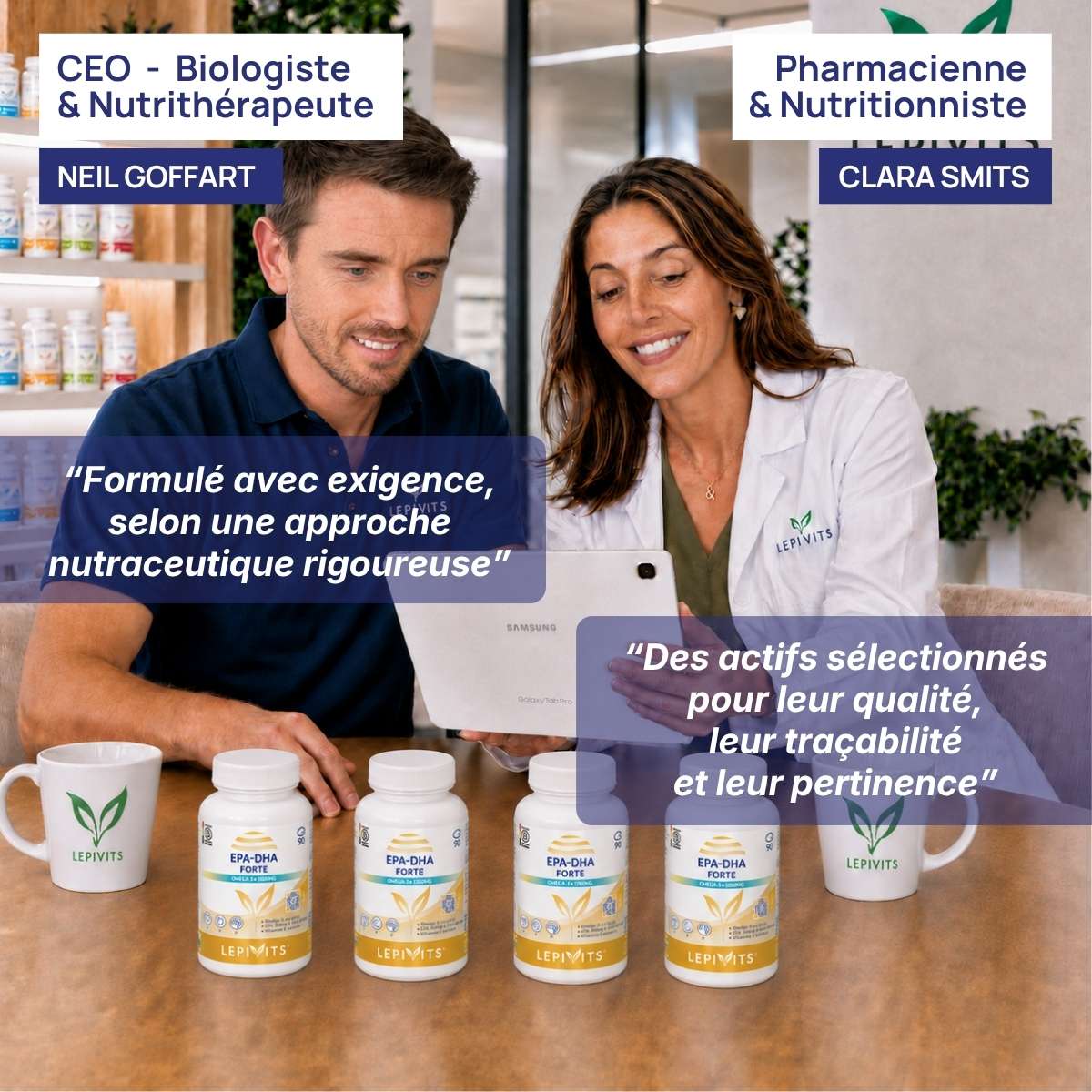 Biologiste et pharmacienne nutritionniste examinent plusieurs flacons de EPA-DHA Forte Lepivits, formule validée en laboratoire.