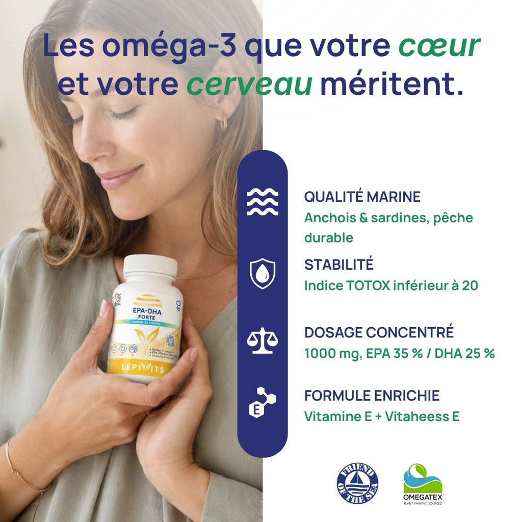 Femme tenant le flacon EPA-DHA Forte Lepivits contre son coeur
