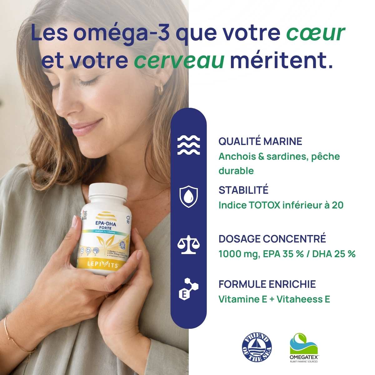 Femme tenant le flacon EPA-DHA Forte Lepivits contre son coeur