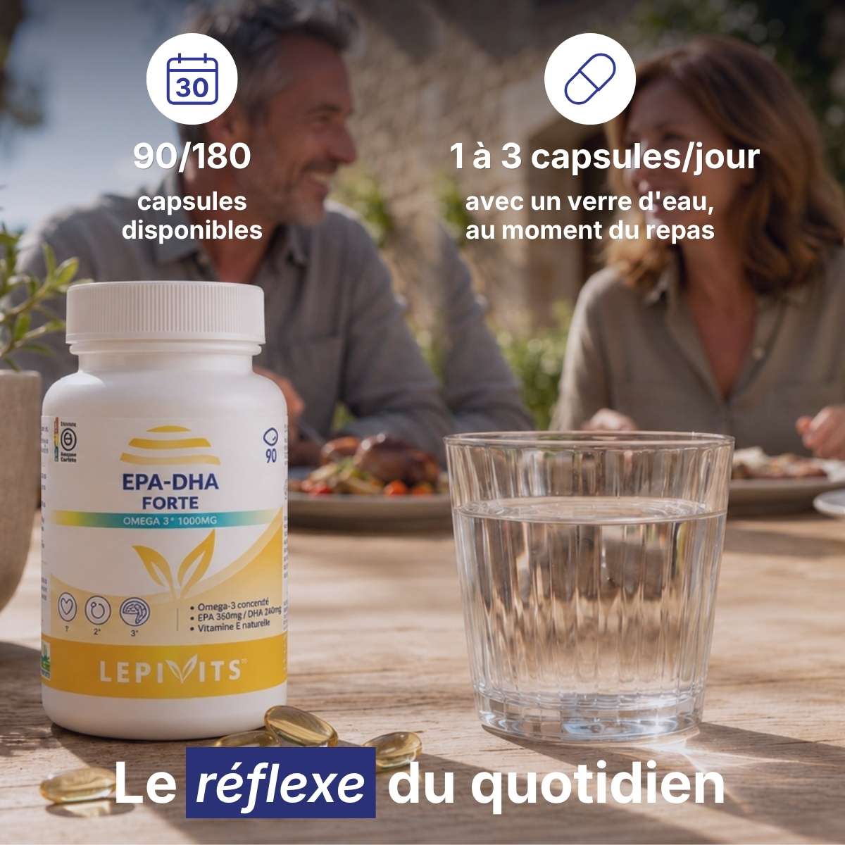Flacon EPA-DHA Forte Lepivits sur table avec verre d'eau, posologie 1 à 3 capsules par jour au moment du repas