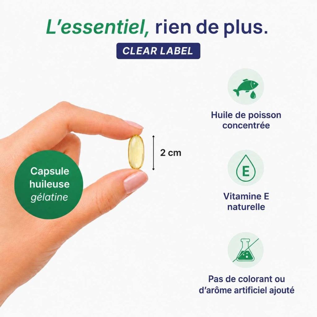 Main tenant une capsule huileuse gélatine EPA-DHA Forte Lepivits en gélatine de 2 cm