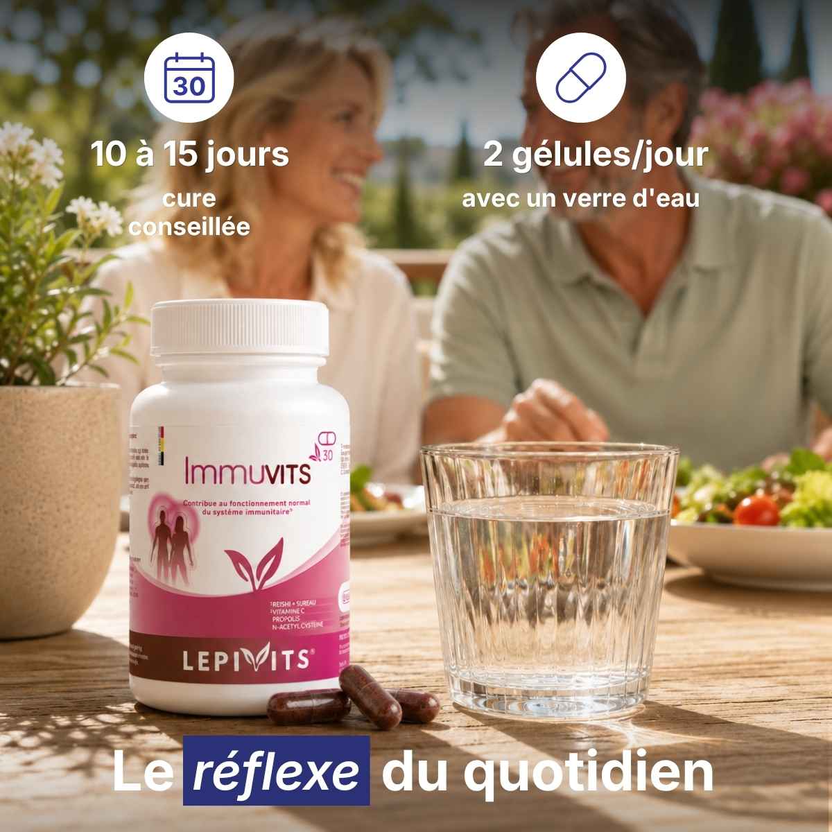 Flacon Immuvits Lepivits sur table avec verre d'eau, posologie 2 gélules par jour pour une cure de 15 jours. 