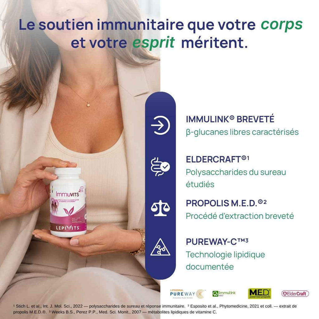 Femme tenant le flacon Immuvits Lepivits contre son ventre, illustrant un produit bien toléré.
