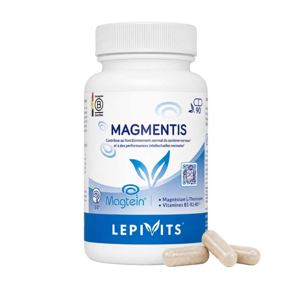 Vue de face du flacon magmentis Lepivits 90 gélules sur fond blanc, avec trois capsules de magnésium posées devant.
