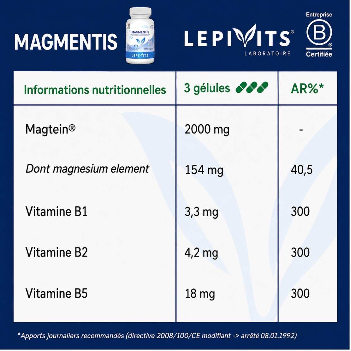 Tableau des informations nutritionnelles Magmentis Lepivits : 2000mg de Magtein® par 3 gélules.