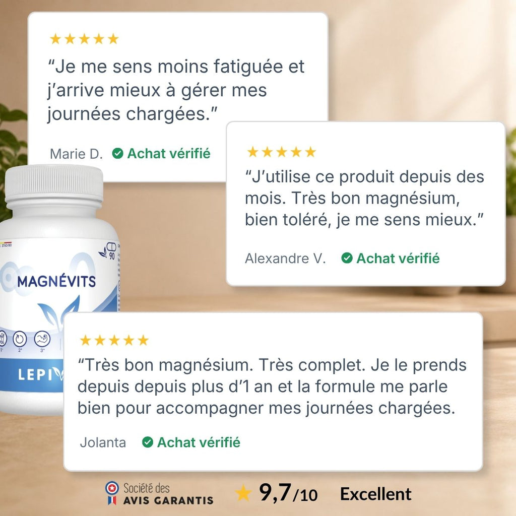 Flacon magnevits Lepivits entouré d'avis clients vérifiés 5 étoiles, note globale 9,7/10 sur la qualité du magnésium.