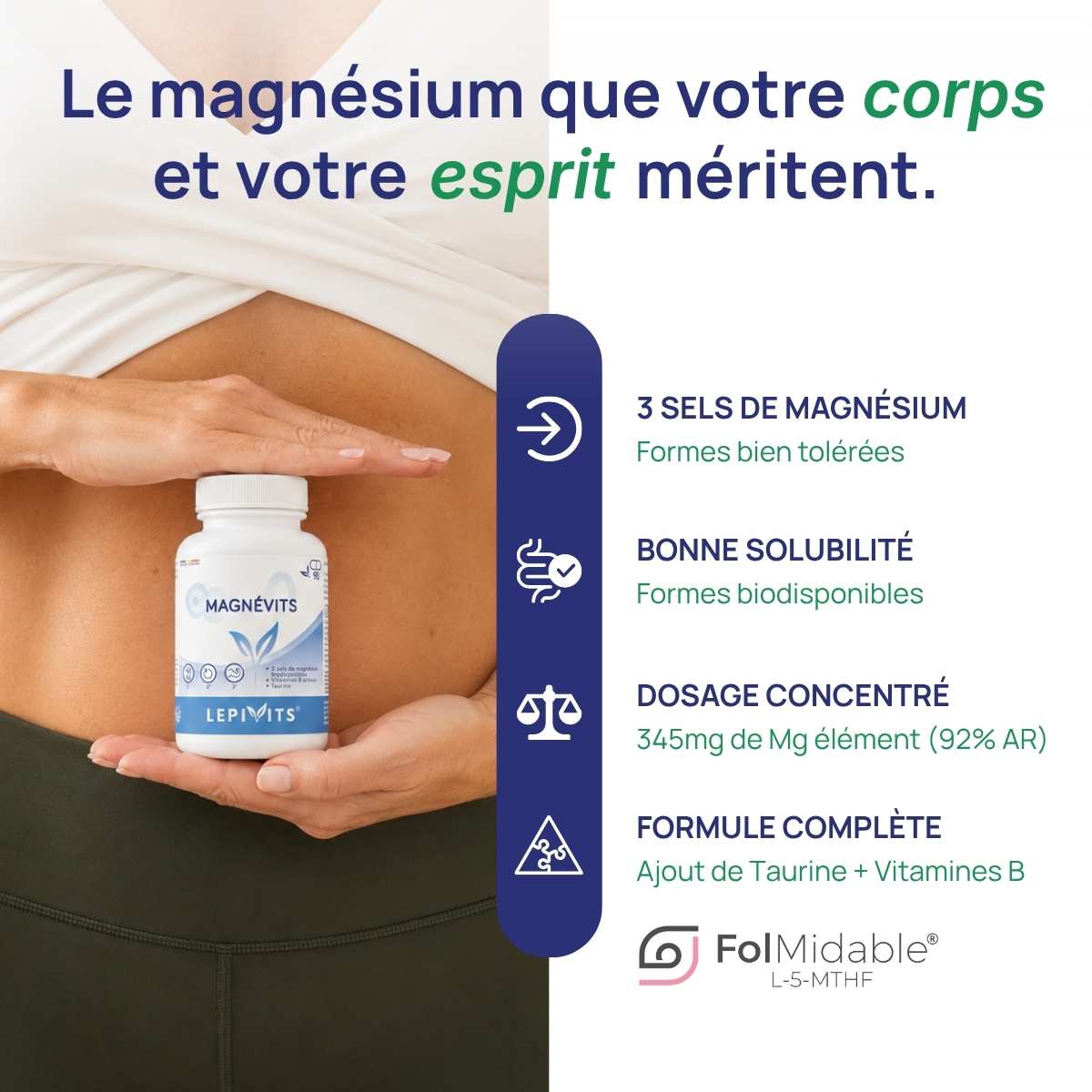 Femme tenant le flacon Magnévits Lepivits contre son ventre, illustrant un magnésium bien toléré pour le confort digestif.