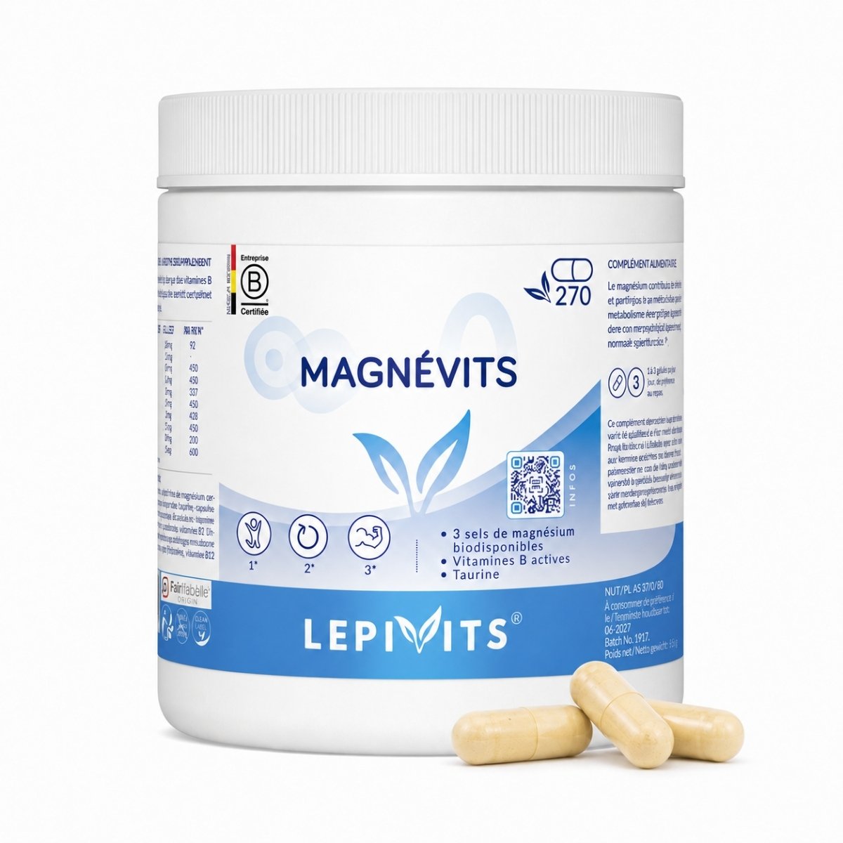 Vue de face du flacon Magnévits Lepivits 270 gélules sur fond blanc, avec trois capsules de magnésium posées devant.