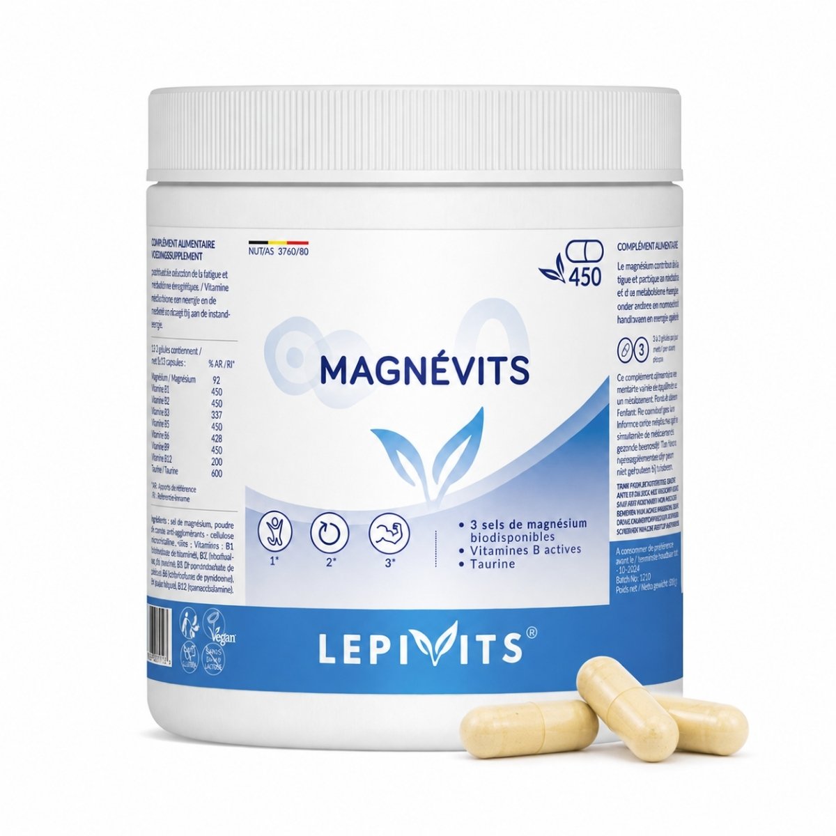Vue de face du flacon Magnévits Lepivits 450 gélules sur fond blanc, avec trois capsules de magnésium posées devant.