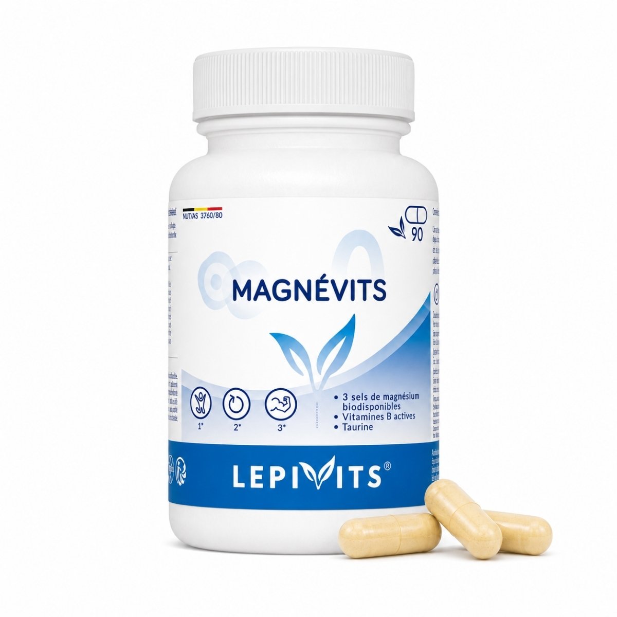 Vue de face du flacon Magnévits Lepivits 90 gélules sur fond blanc, avec trois capsules de magnésium posées devant.