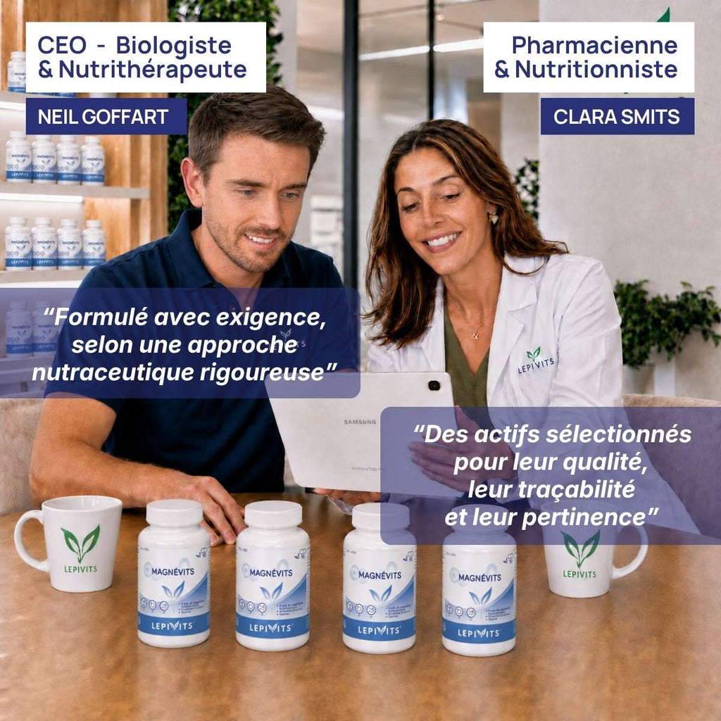 Biologiste et pharmacienne nutritionniste examinent plusieurs flacons de Magnévits Lepivits, formule validée en laboratoire.