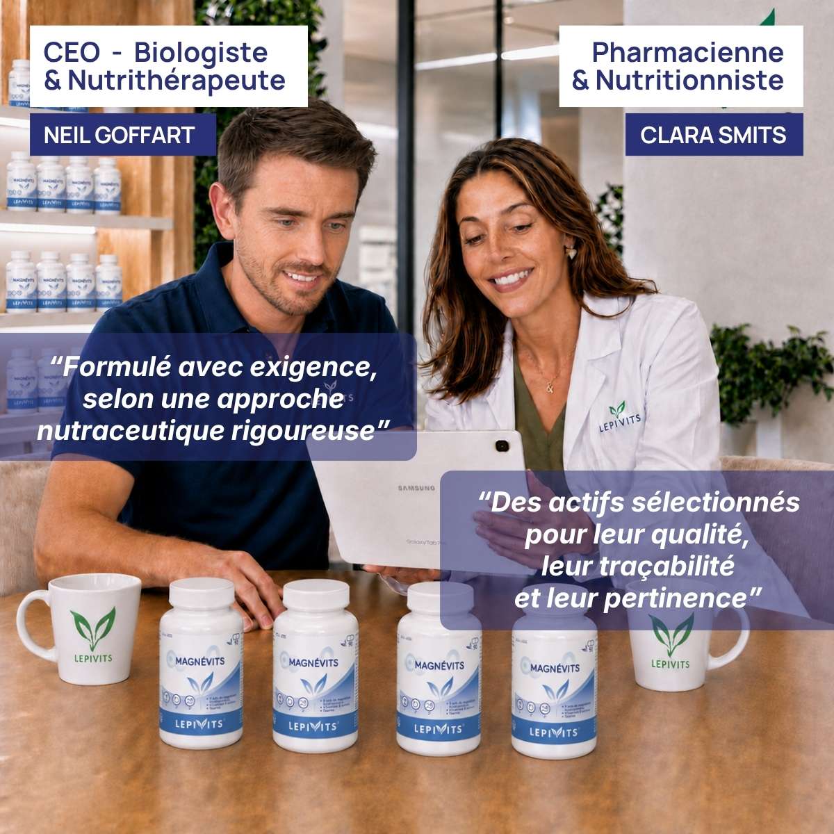 Biologiste et pharmacienne nutritionniste examinent plusieurs flacons de Magnévits Lepivits, formule validée en laboratoire.