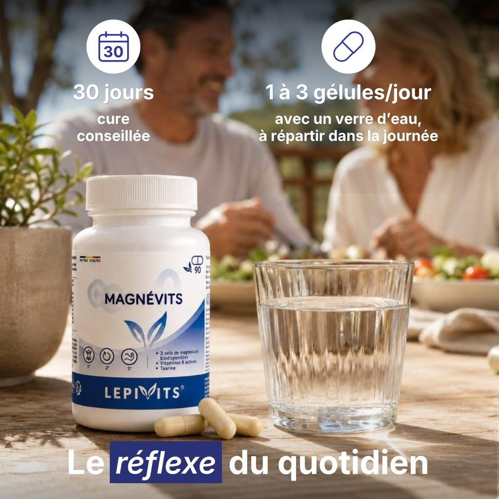 Flacon Magnévits Lepivits sur table avec verre d'eau, posologie 1 à 3 gélules par jour pour une cure de 30 jours. 