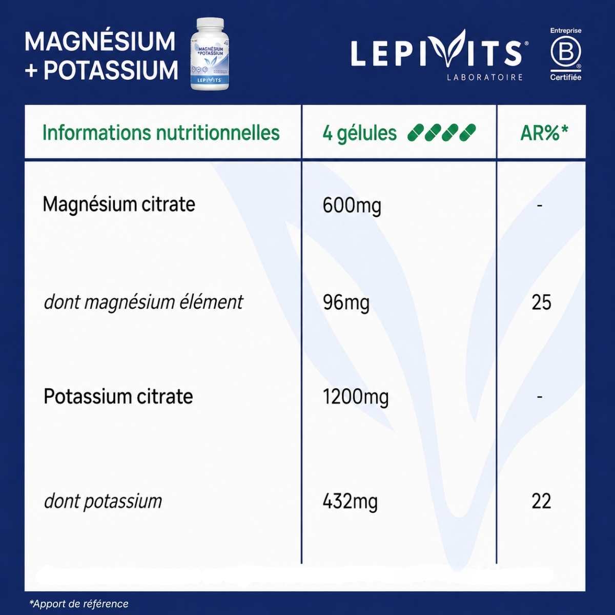 Tableau des informations nutritionnelles Magnésium + Potassium Lepivits : magnéisum citrate 600mg, potassium citrate 1200mg par 4 gélules.