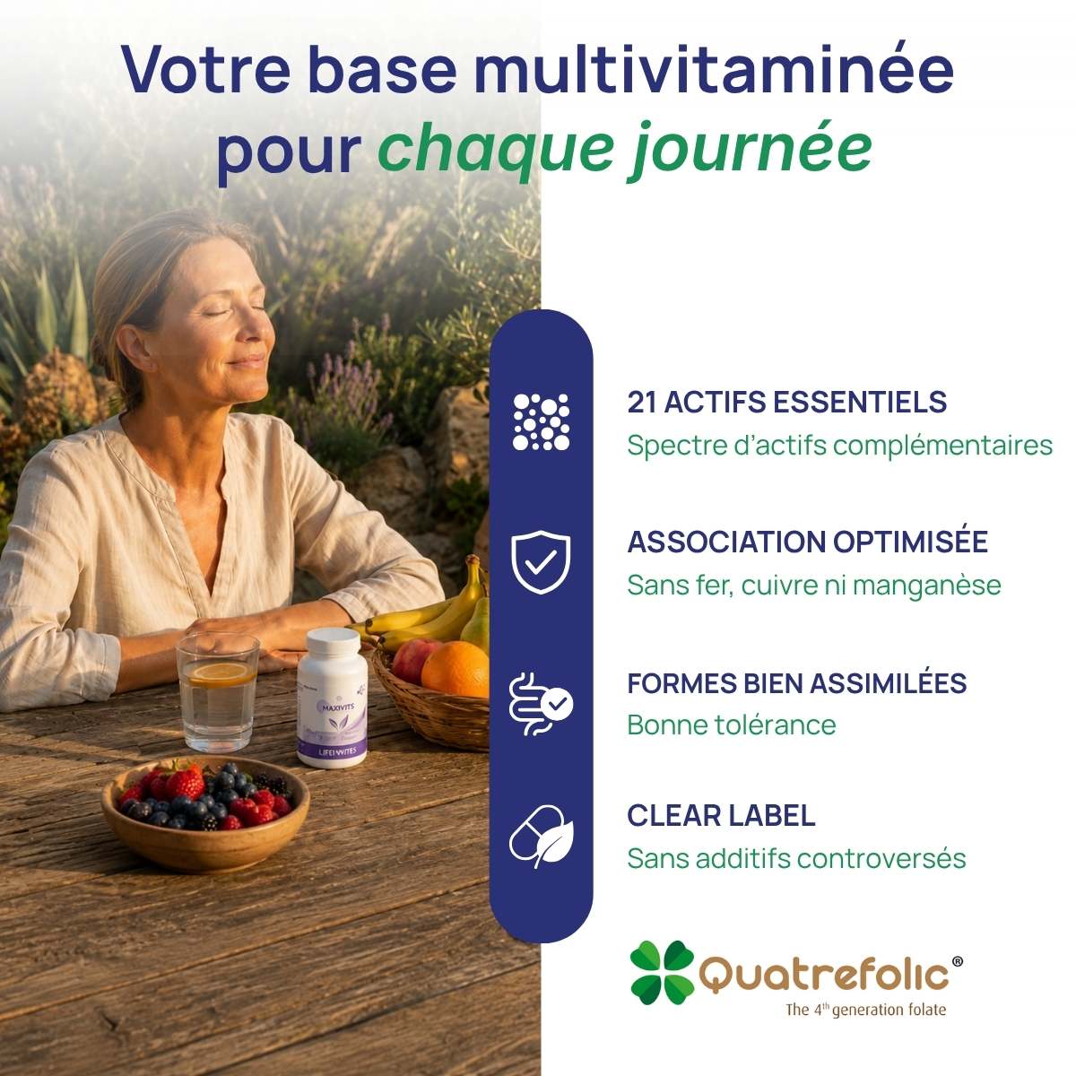 Femme au petit déjeuner avec un flacon Maxivits Lepivits et ses 21 actifs essentiels