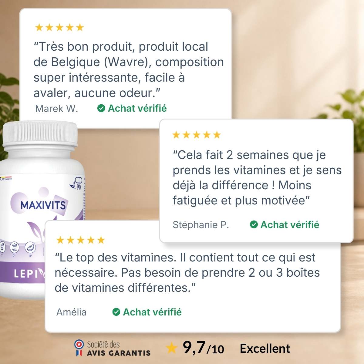 Flacon Maxivits Lepivits entouré d'avis clients vérifiés 5 étoiles, note globale 9,7/10 sur la qualité du multivitamine.
