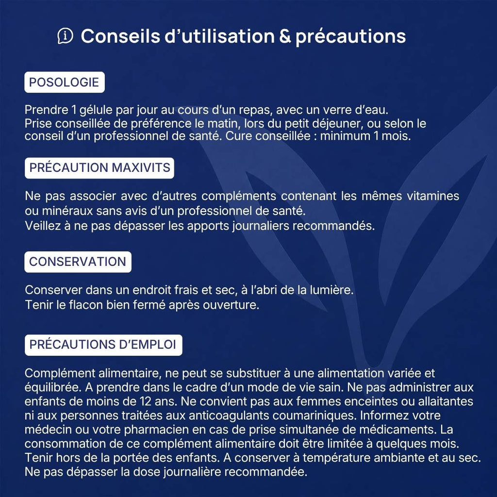 Conseils d'utilisation et précautions Maxivits Lepivits : posologie, précaution, conservation et mises en garde.