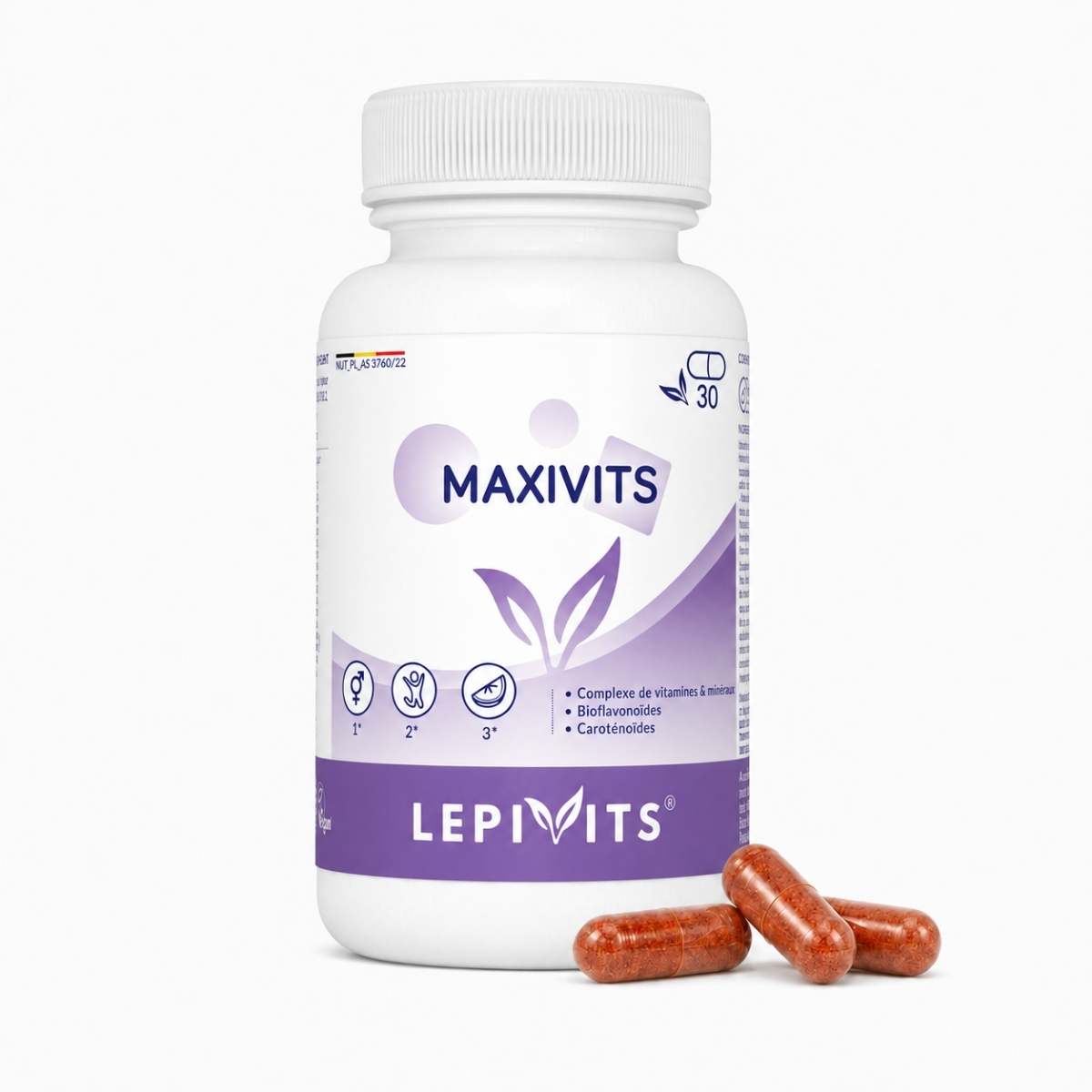 Vue de face du flacon Maxivits Lepivits 30 gélules sur fond blanc, avec trois capsules de multivitamine posées devant.
