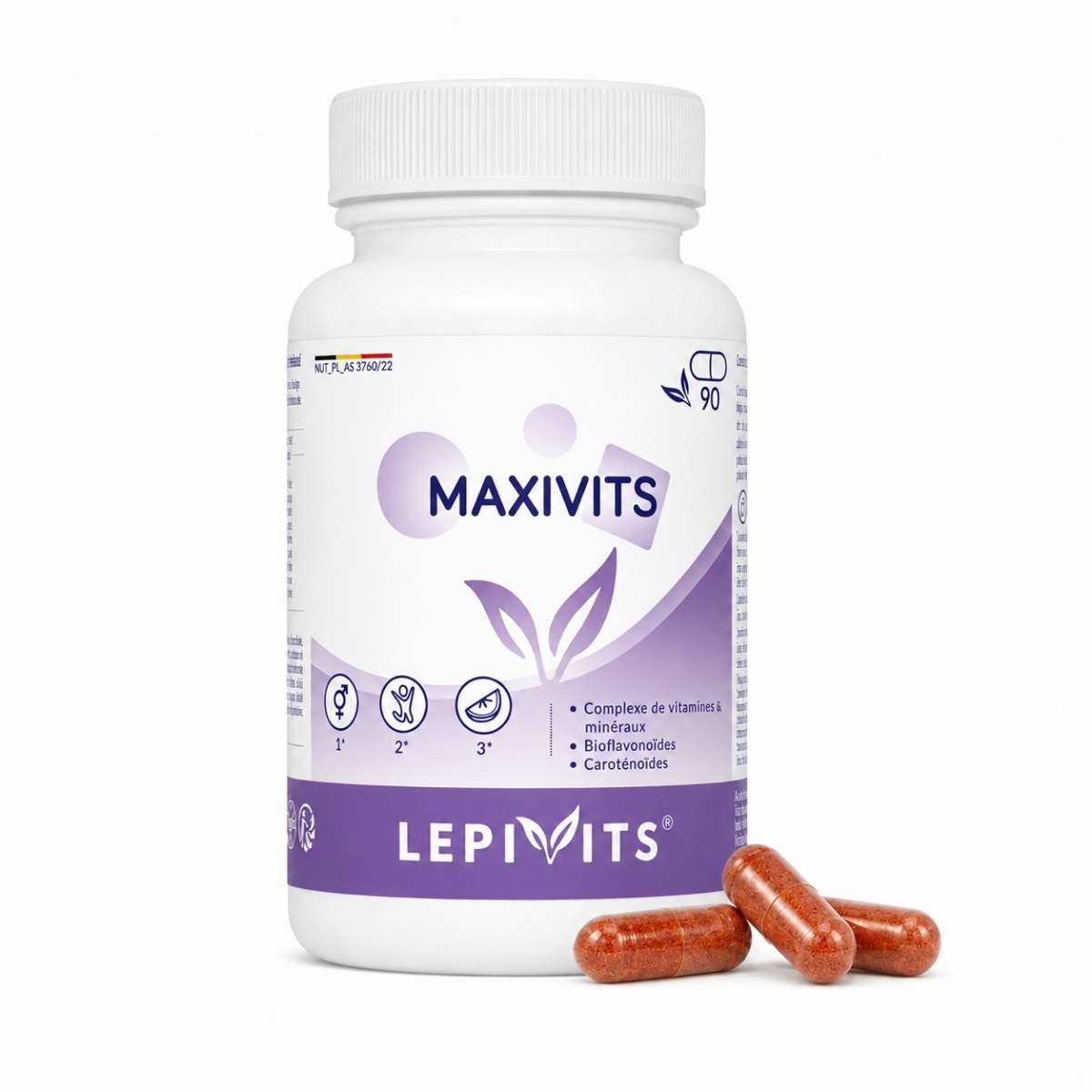 Vue de face du flacon Maxivits Lepivits 90 gélules sur fond blanc, avec trois capsules de multivitamines posées devant.