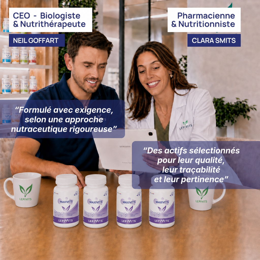 Biologiste et pharmacienne nutritionniste examinent plusieurs flacons de Magnévits Lepivits, formule validée en laboratoire.